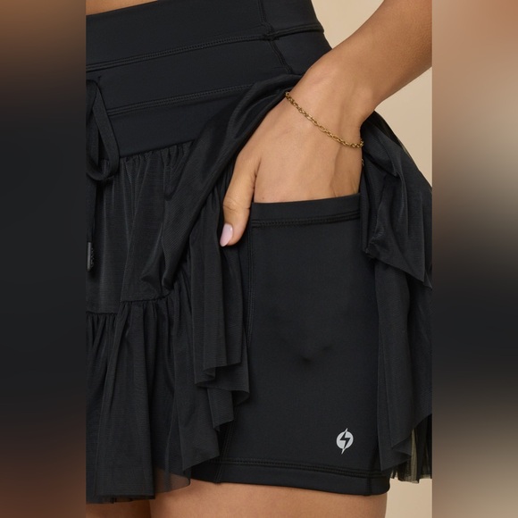 XL popflex Pirouette Skort black built in shorts silky mesh tiered skirt pockets - Picture 16 of 16